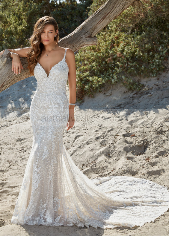 Heavily Sequined Embroidered Tulle Lace Sexy Fit-n-flare Wedding Dress